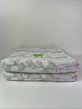 Shabby Chic Bath Towels Pink Green Tan Floral Roses Soft Cotton Set of 2 NEW
